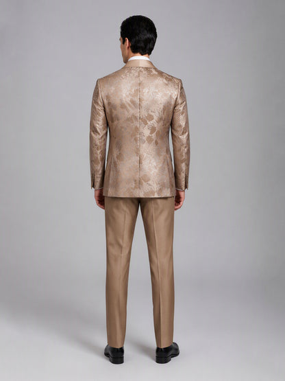 Savile GA0158 Men's Champagne Gold Floral Jacquard Tuxedo – Back View with Black Oxford Shoes