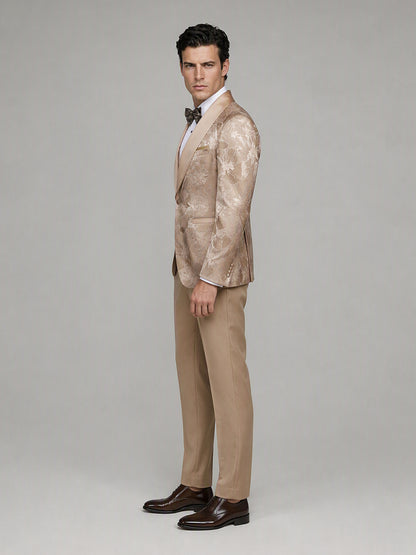 Savile GA0158 Men's Champagne Gold Floral Jacquard Tuxedo – 3/4 Angle Front View Showing Vest & Jacquard Detail