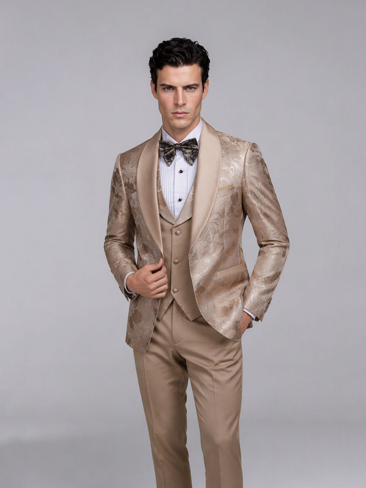 Savile GA0158 Men's Champagne Gold Floral Jacquard Tuxedo – Side Profile View with Brown Oxford Shoes