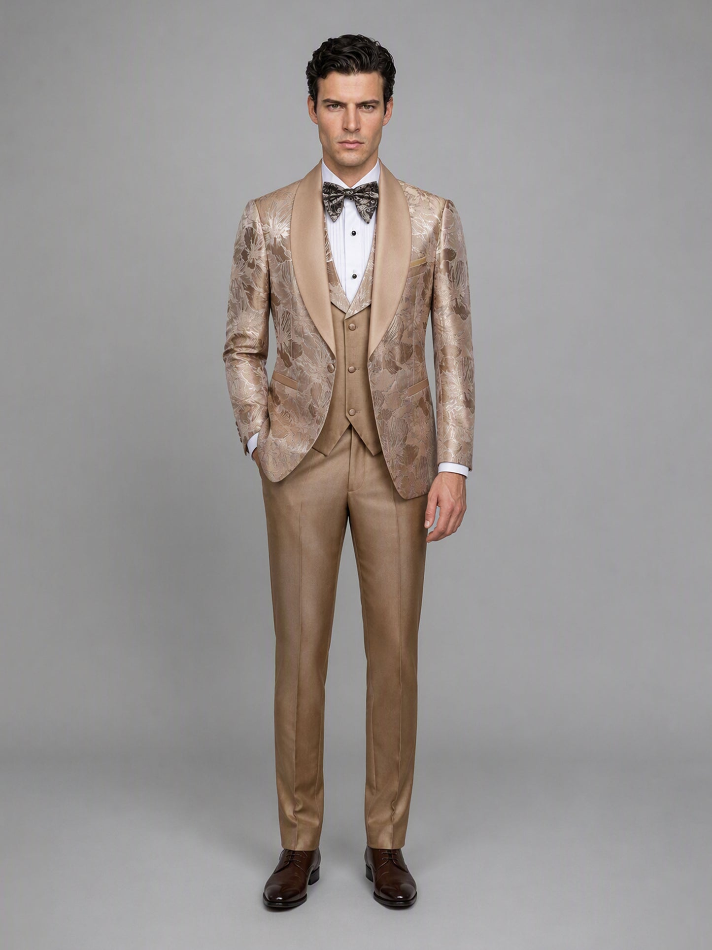 Savile GA0158 Men's Champagne Gold Floral Jacquard Tuxedo – Front Close-Up with Shawl Lapel, Vest & Bow Tie Detail