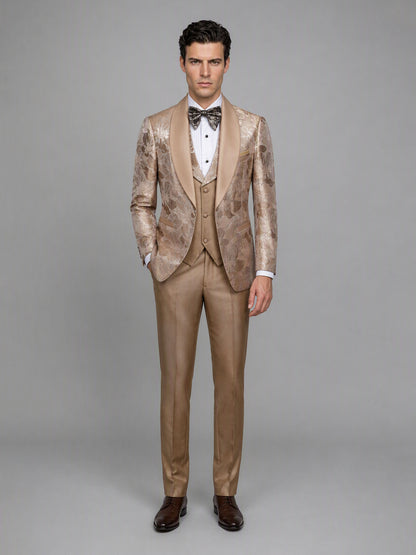 Savile GA0158 Men's Champagne Gold Floral Jacquard Tuxedo – Front Close-Up with Shawl Lapel, Vest & Bow Tie Detail