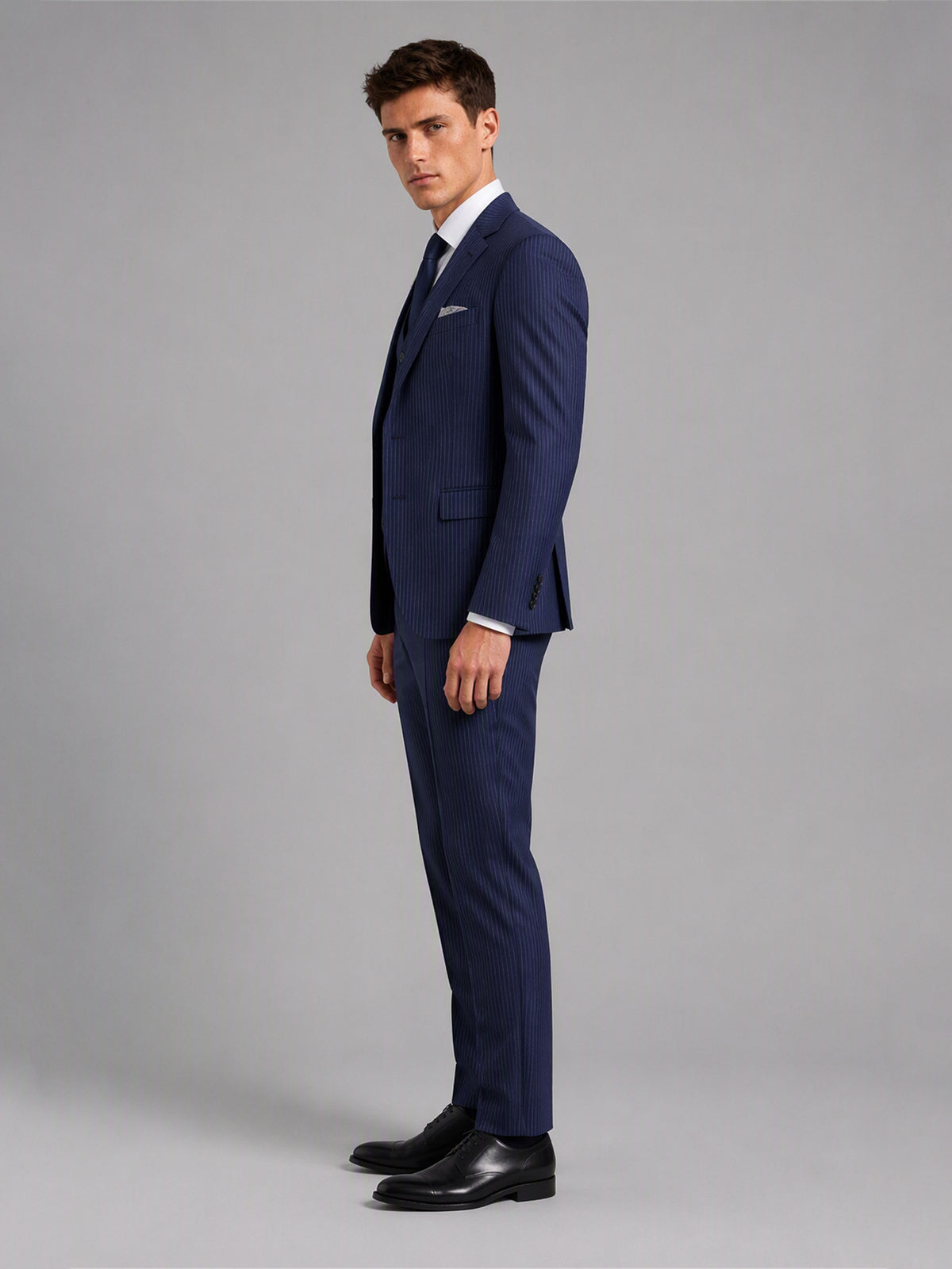 Savile GA0159 Men's Navy Blue Textured Stripe 3-Piece Suit – Front Full Body View with Navy Tie & White Pocket Square