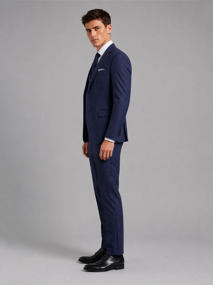Savile GA0159 Men's Navy Blue Textured Stripe 3-Piece Suit – Front Full Body View with Navy Tie & White Pocket Square