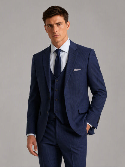Savile GA0159 Men's Navy Blue Textured Stripe 3-Piece Suit – Side Profile View with Black Oxford Shoes