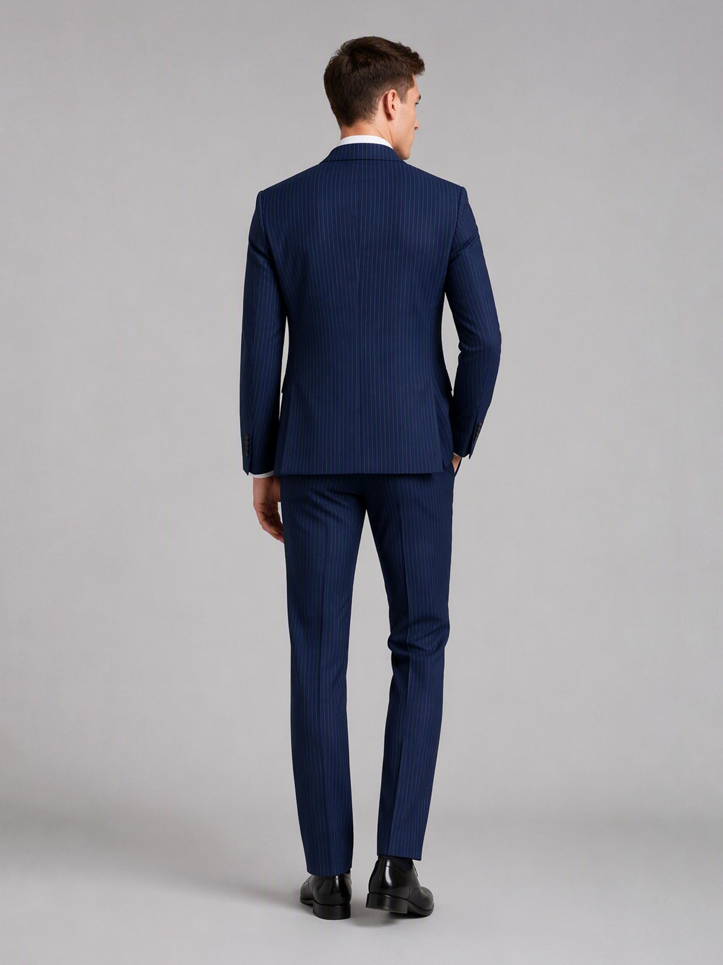 Savile GA0159 Men's Navy Blue Textured Stripe 3-Piece Suit – Back View with Black Oxford Shoes