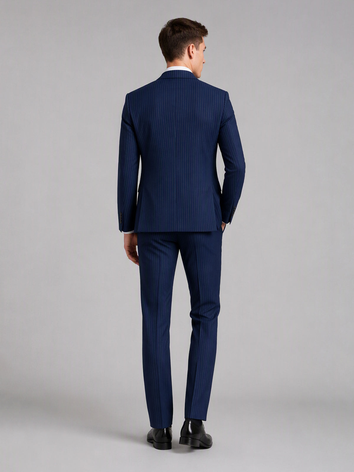 Savile GA0159 Men's Navy Blue Textured Stripe 3-Piece Suit – Back View with Black Oxford Shoes