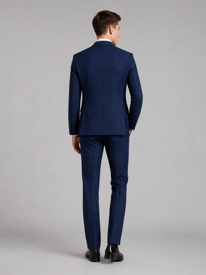 Savile GA0159 Men's Navy Blue Textured Stripe 3-Piece Suit – Back View with Black Oxford Shoes