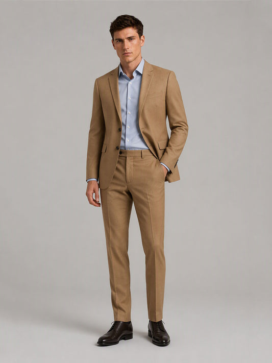 Savile GA0160 Men's Camel Tan Wool Blend Suit – Front Close-Up with Open Collar & Gold Button Detail