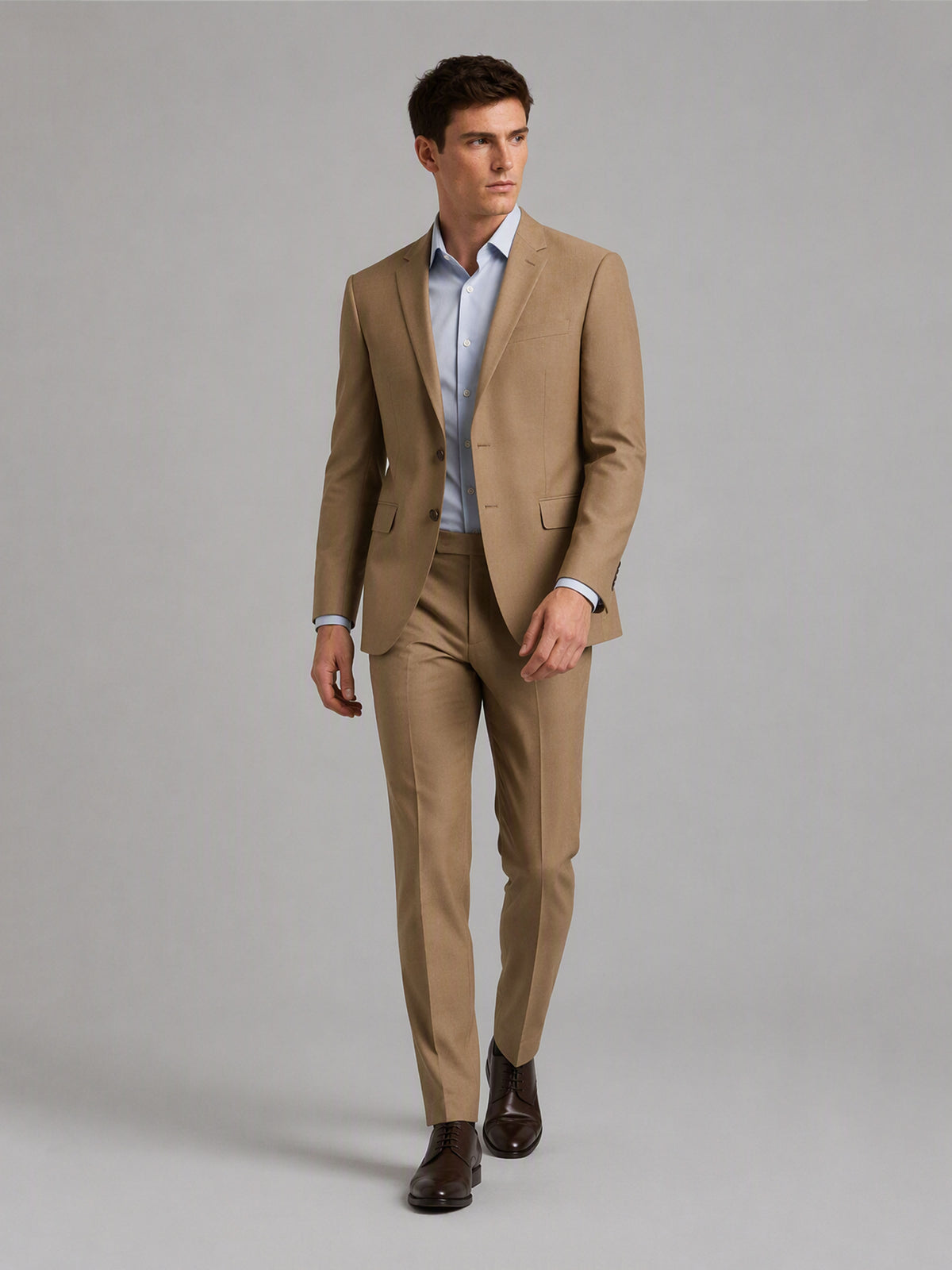 Savile GA0160 Men's Camel Tan Wool Blend Suit – Front Full Body View with Dark Brown Oxford Shoes