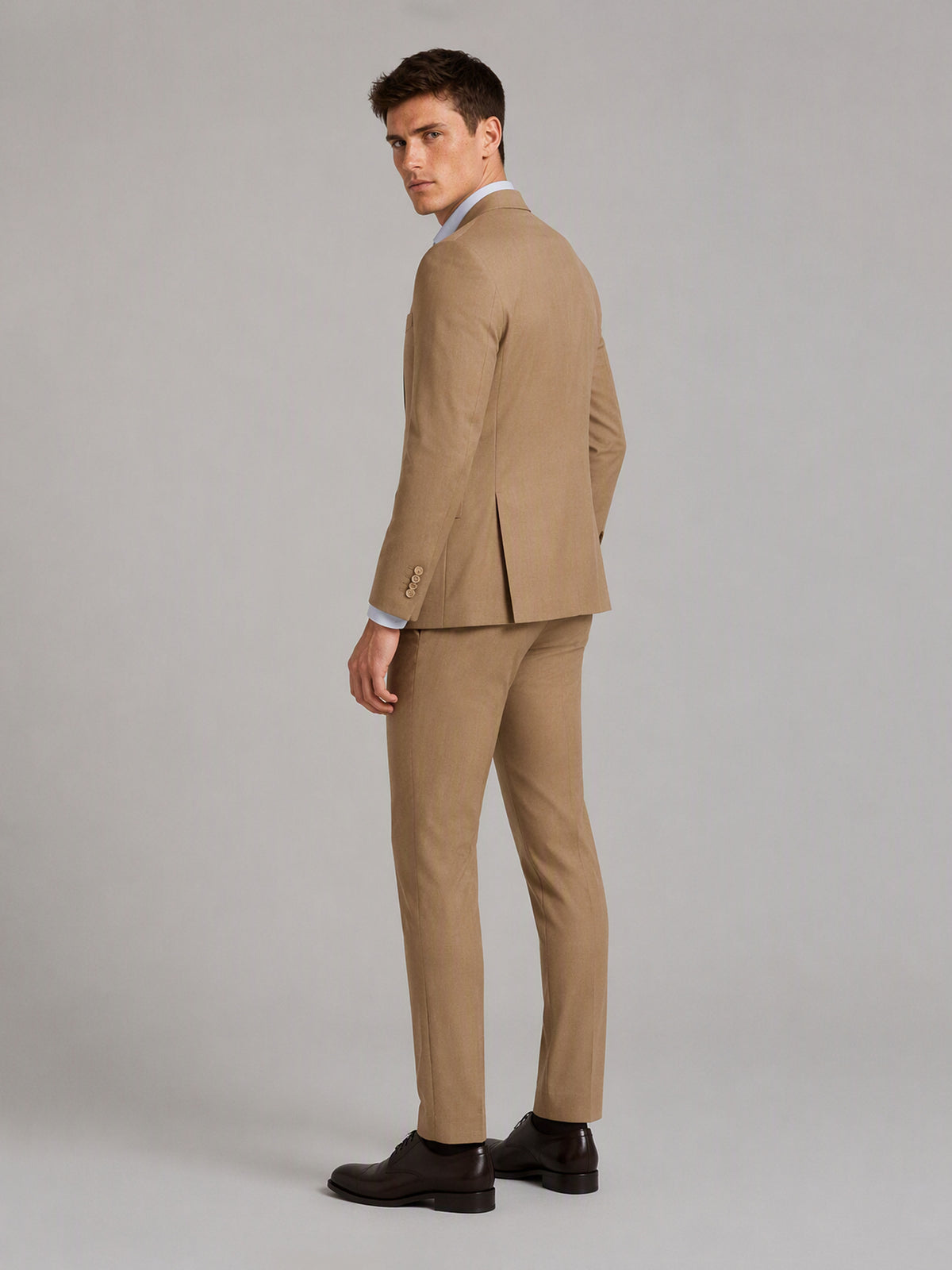 Savile GA0160 Men's Camel Tan Wool Blend Suit – Back 3/4 View with Dark Brown Oxford Shoes