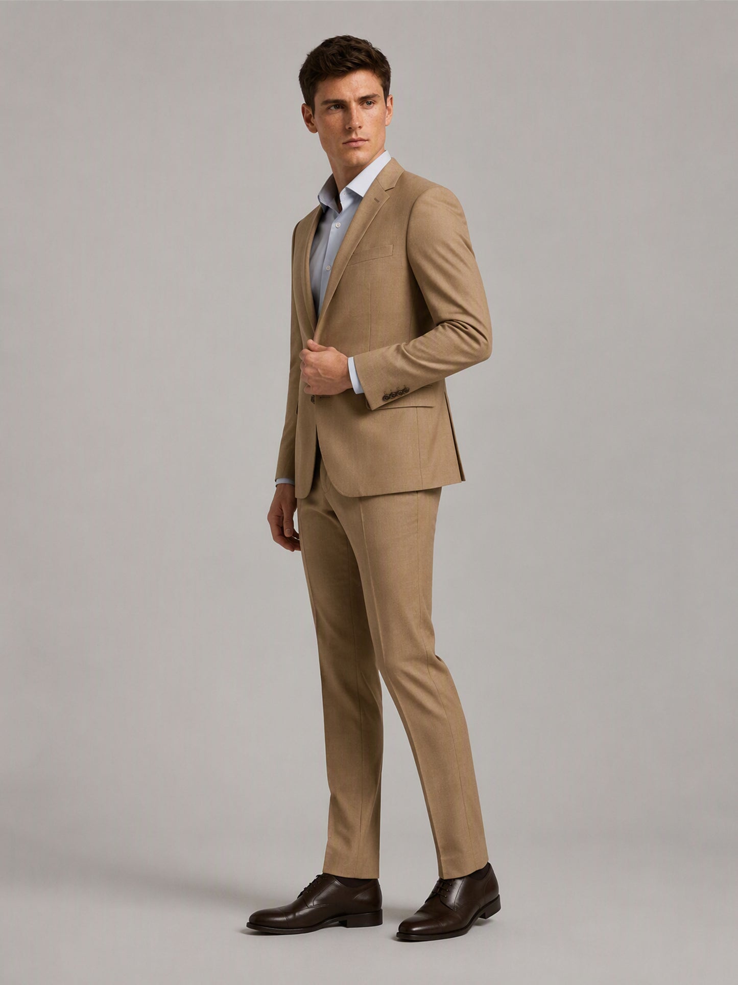Savile GA0160 Men's Camel Tan Wool Blend Suit – Side Profile View with Dark Brown Oxford Shoes