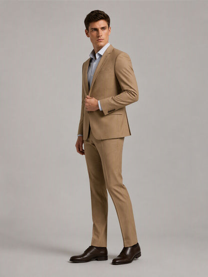 Savile GA0160 Men's Camel Tan Wool Blend Suit – Side Profile View with Dark Brown Oxford Shoes