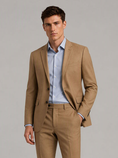 Savile GA0160 Men's Camel Tan Wool Blend Suit – 3/4 Angle Front View Walking with Dark Brown Oxford Shoes