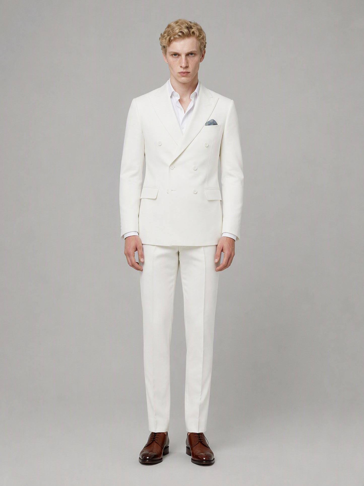 Savile GA0161 Men's Off-White Double-Breasted Linen Suit – Front Close-Up with Peak Lapel & Blue Pocket Square Detail