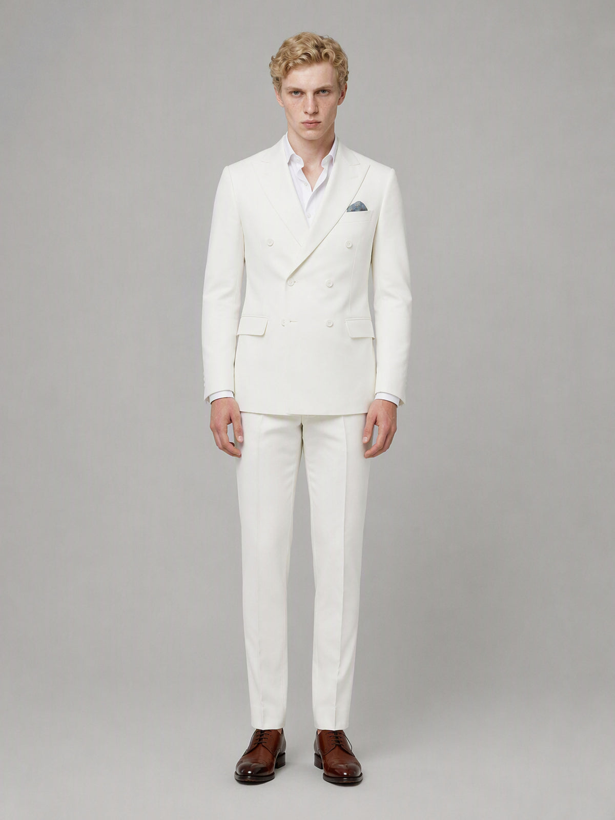 Savile GA0161 Men's Off-White Double-Breasted Linen Suit – Front Close-Up with Peak Lapel & Blue Pocket Square Detail