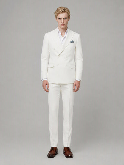 Savile GA0161 Men's Off-White Double-Breasted Linen Suit – Front Close-Up with Peak Lapel & Blue Pocket Square Detail