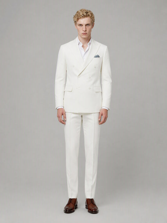 Savile GA0161 Men's Off-White Double-Breasted Linen Suit – Front Close-Up with Peak Lapel & Blue Pocket Square Detail