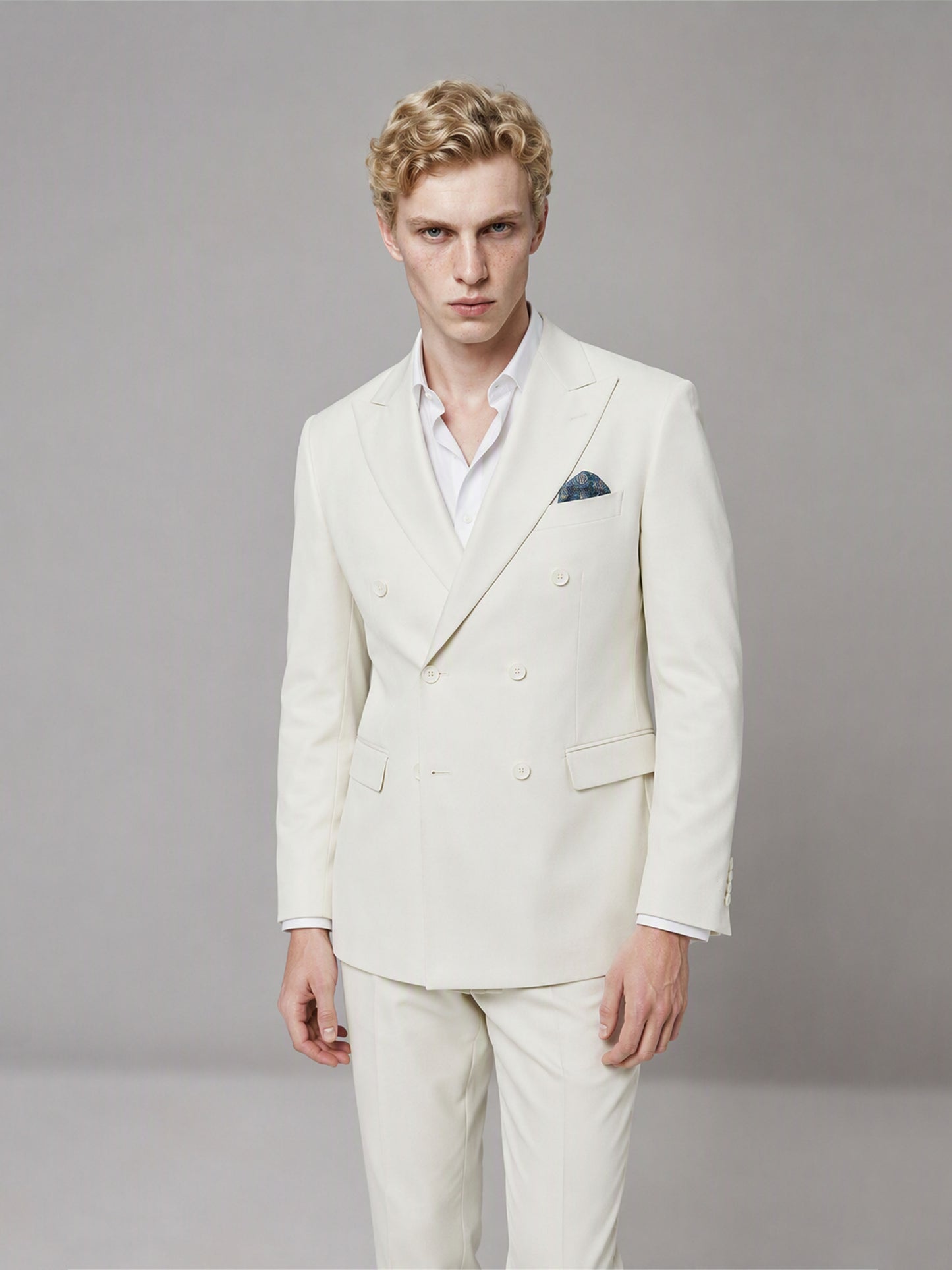 Savile GA0161 Men's Off-White Double-Breasted Linen Suit – Front Full Body View with Brown Oxford Shoes