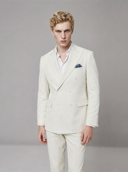 Savile GA0161 Men's Off-White Double-Breasted Linen Suit – Front Full Body View with Brown Oxford Shoes