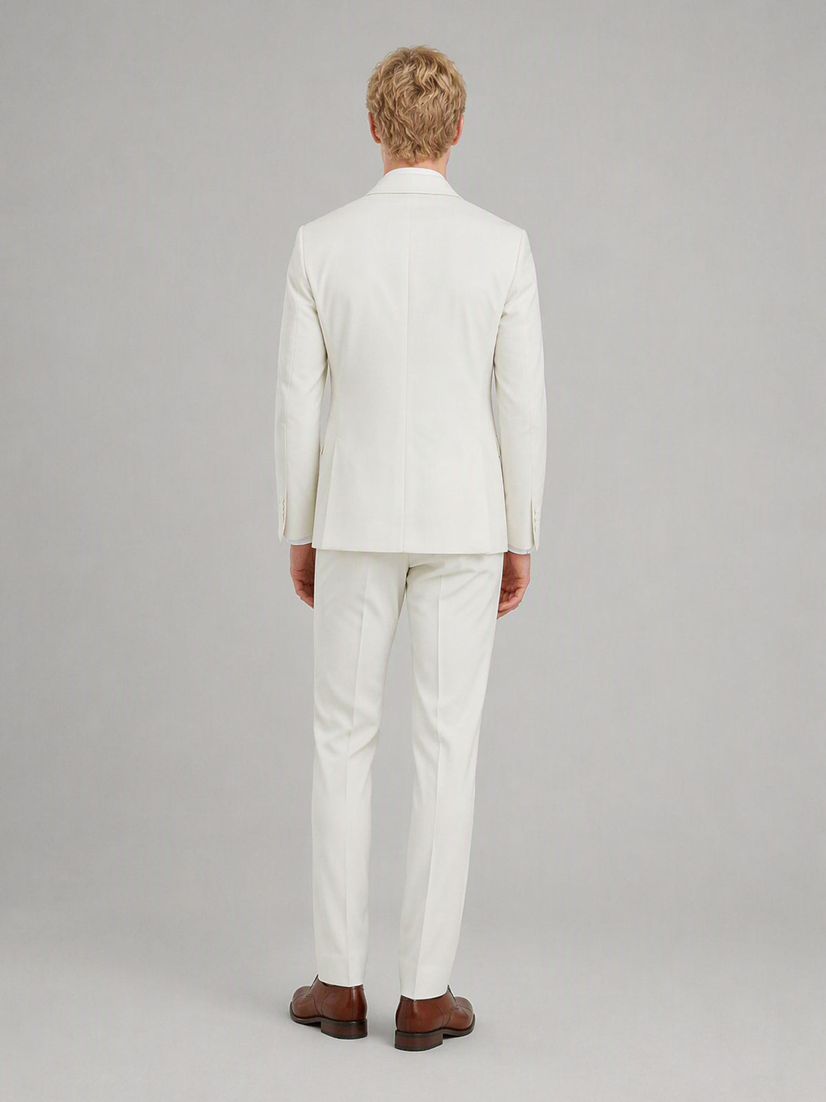 Savile GA0161 Men's Off-White Double-Breasted Linen Suit – 3/4 Angle Front View with Brown Oxford Shoes