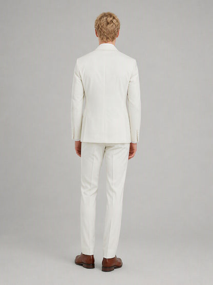 Savile GA0161 Men's Off-White Double-Breasted Linen Suit – 3/4 Angle Front View with Brown Oxford Shoes