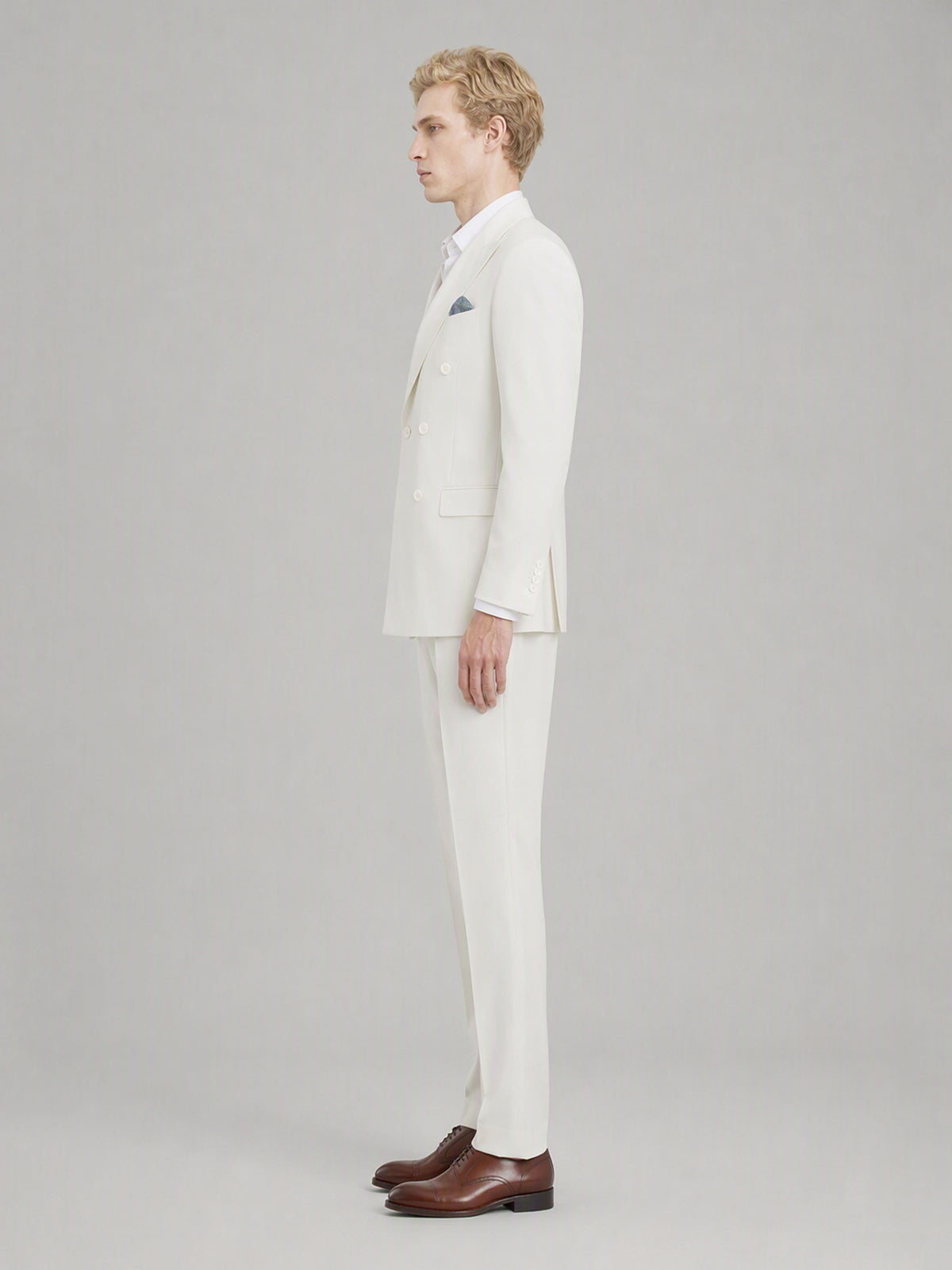Savile GA0161 Men's Off-White Double-Breasted Linen Suit – Side Profile View with Brown Oxford Shoes