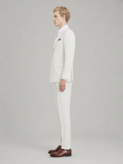 Savile GA0161 Men's Off-White Double-Breasted Linen Suit – Side Profile View with Brown Oxford Shoes