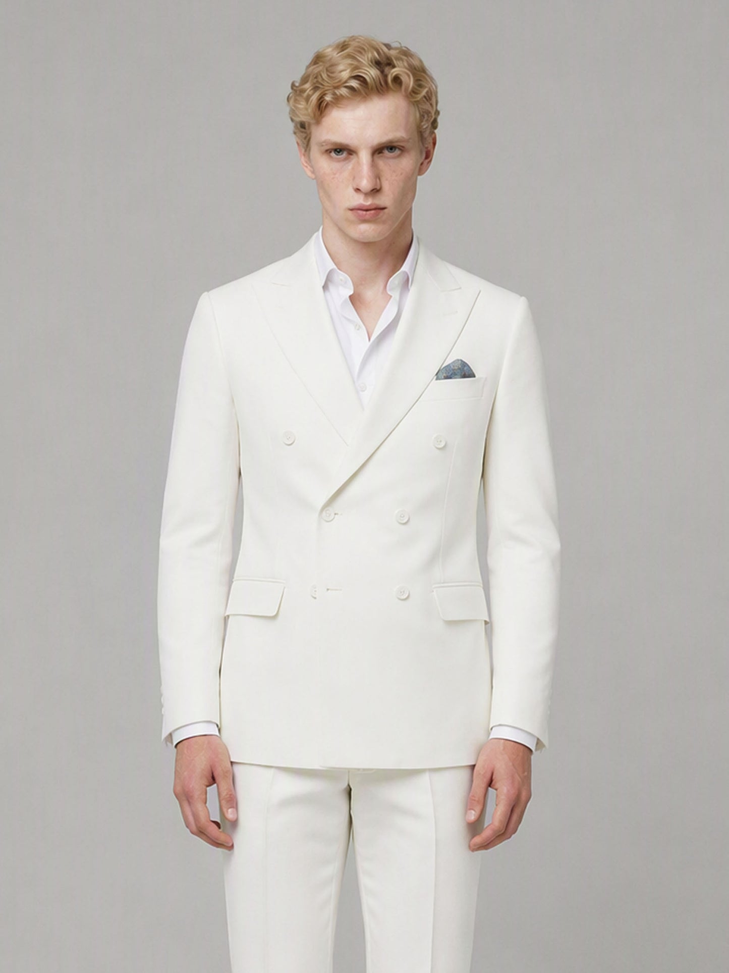 Savile GA0161 Men's Off-White Double-Breasted Linen Suit – Back View with Brown Oxford Shoes