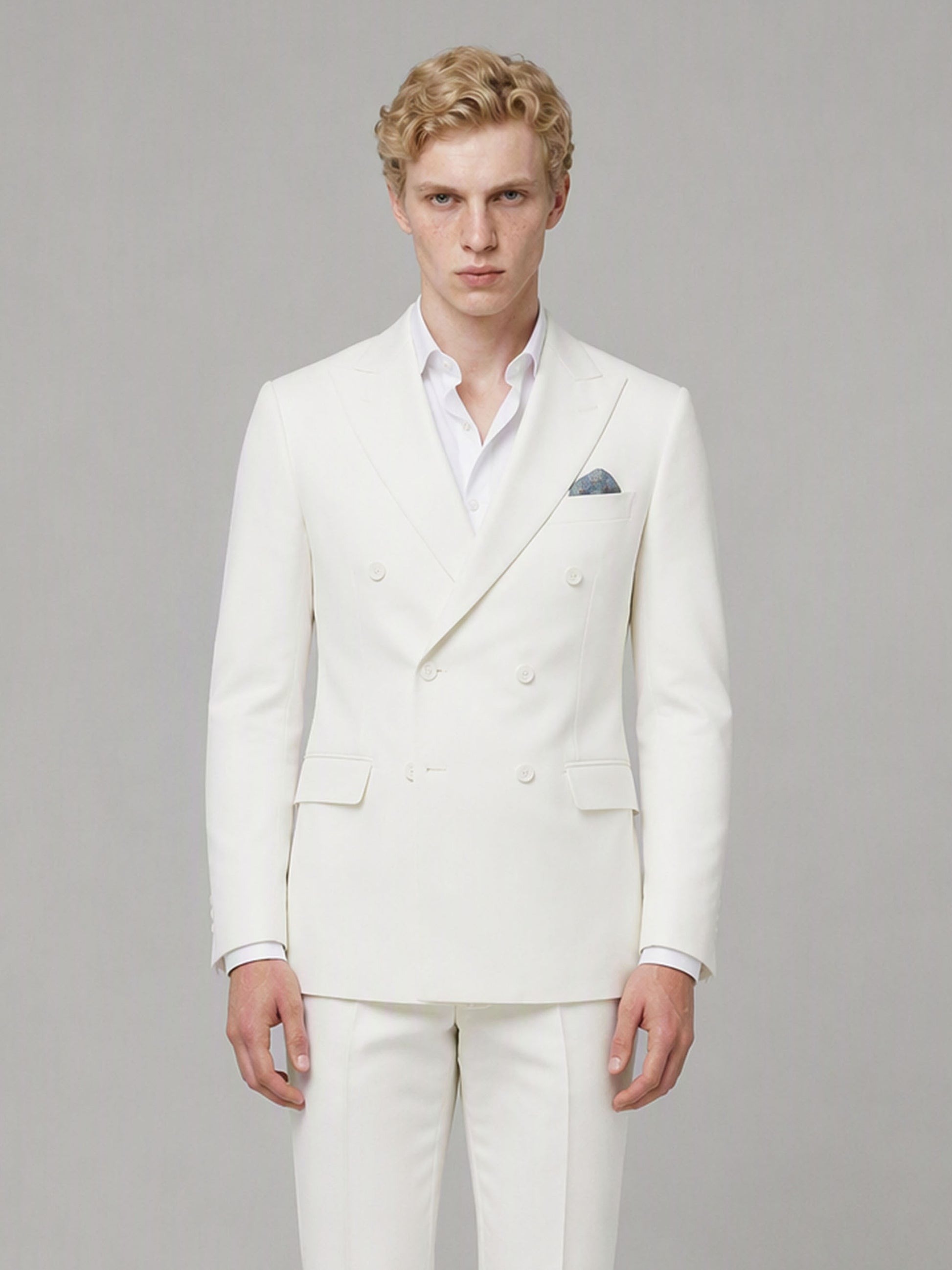 Savile GA0161 Men's Off-White Double-Breasted Linen Suit – Back View with Brown Oxford Shoes
