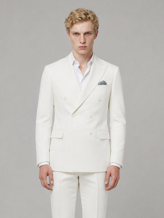 Savile GA0161 Men's Off-White Double-Breasted Linen Suit – Back View with Brown Oxford Shoes