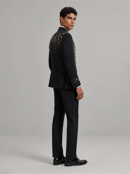 Savile GA0162 Men's Black Crystal Meteor Shower Tuxedo – Front Close-Up with White Shirt, Black Bow Tie & Crystal Chain Detail