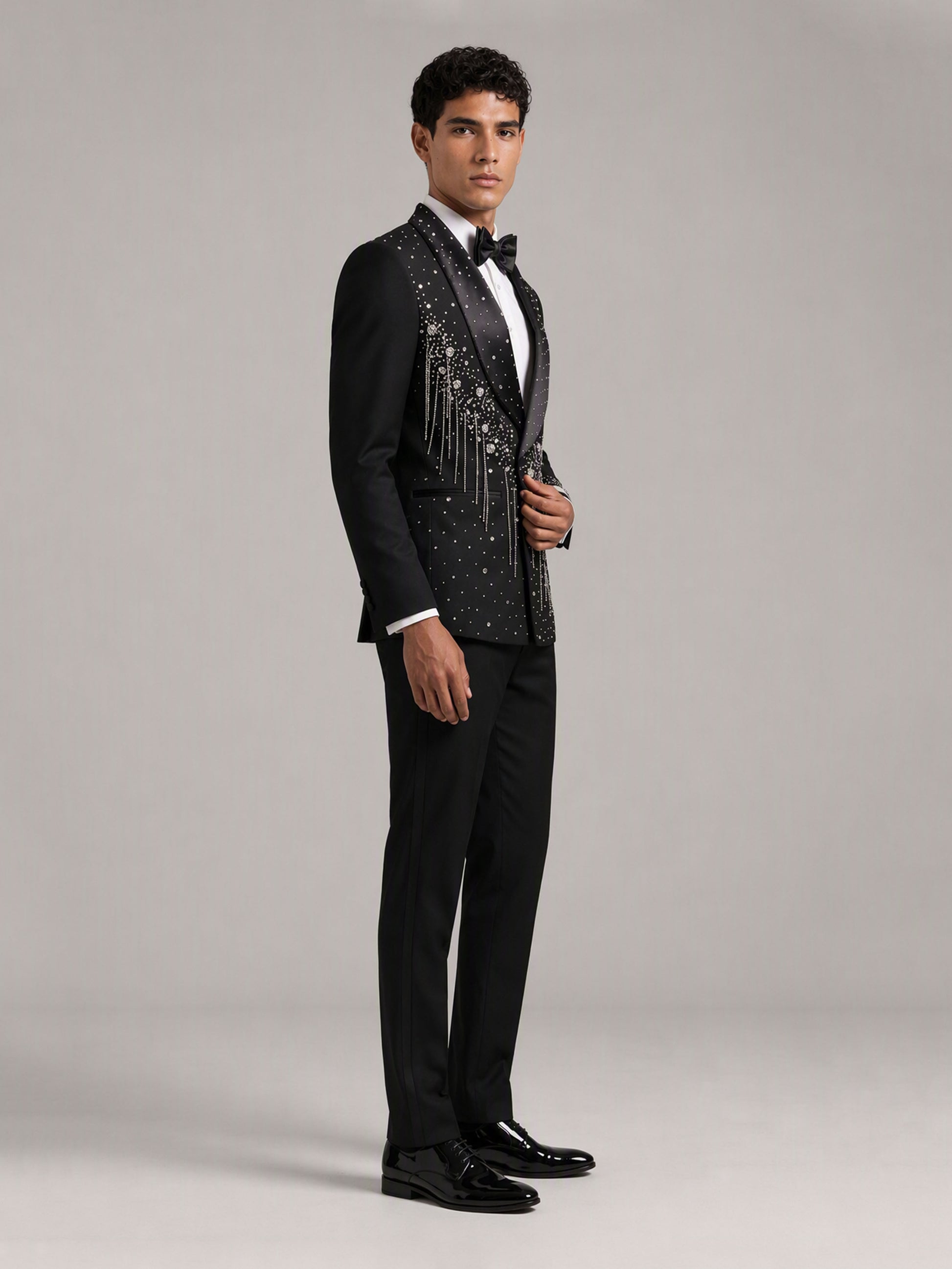 Savile GA0162 Men's Black Crystal Meteor Shower Tuxedo – Back View Showing Crystal Shoulder & Cuff Embellishment