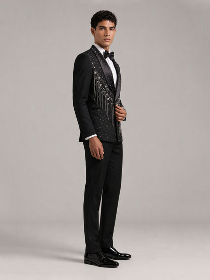 Savile GA0162 Men's Black Crystal Meteor Shower Tuxedo – Back View Showing Crystal Shoulder & Cuff Embellishment