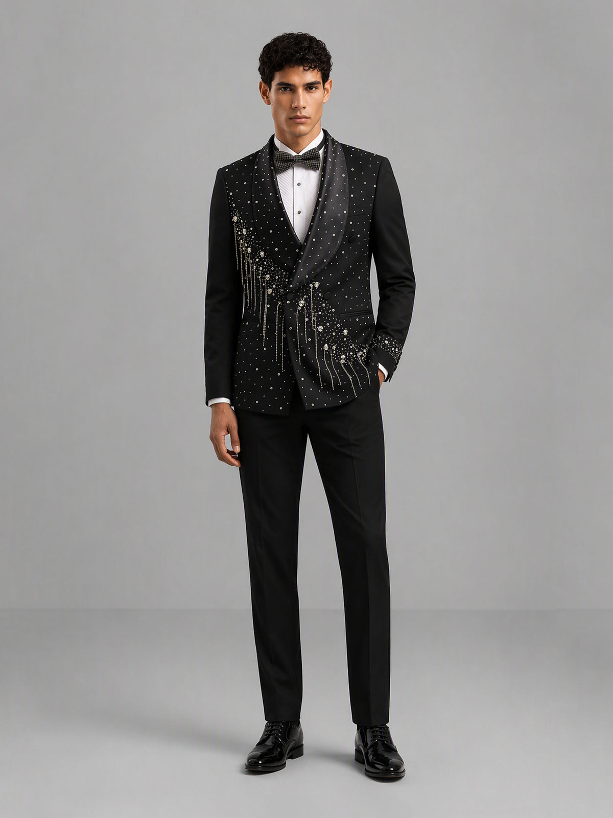 Savile GA0162 Men's Black Crystal Meteor Shower Tuxedo – Front Full Body View with White Shirt & Black Bow Tie