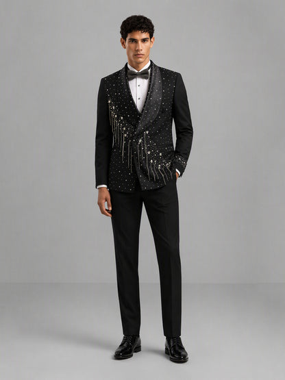 Savile GA0162 Men's Black Crystal Meteor Shower Tuxedo – Front Full Body View with White Shirt & Black Bow Tie