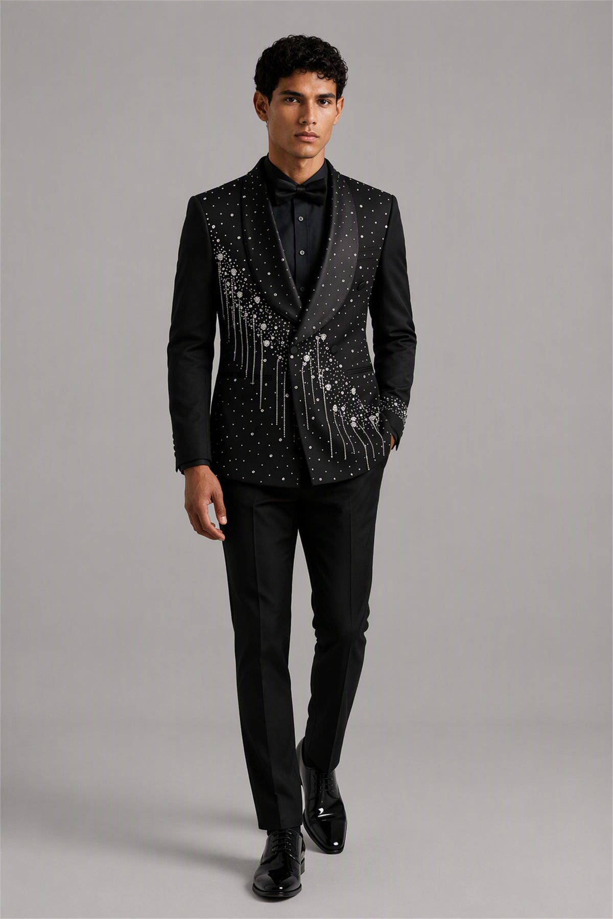 Savile GA0162 Men's Black Crystal Meteor Shower Tuxedo – Side Profile View with White Shirt & Black Patent Oxford Shoes