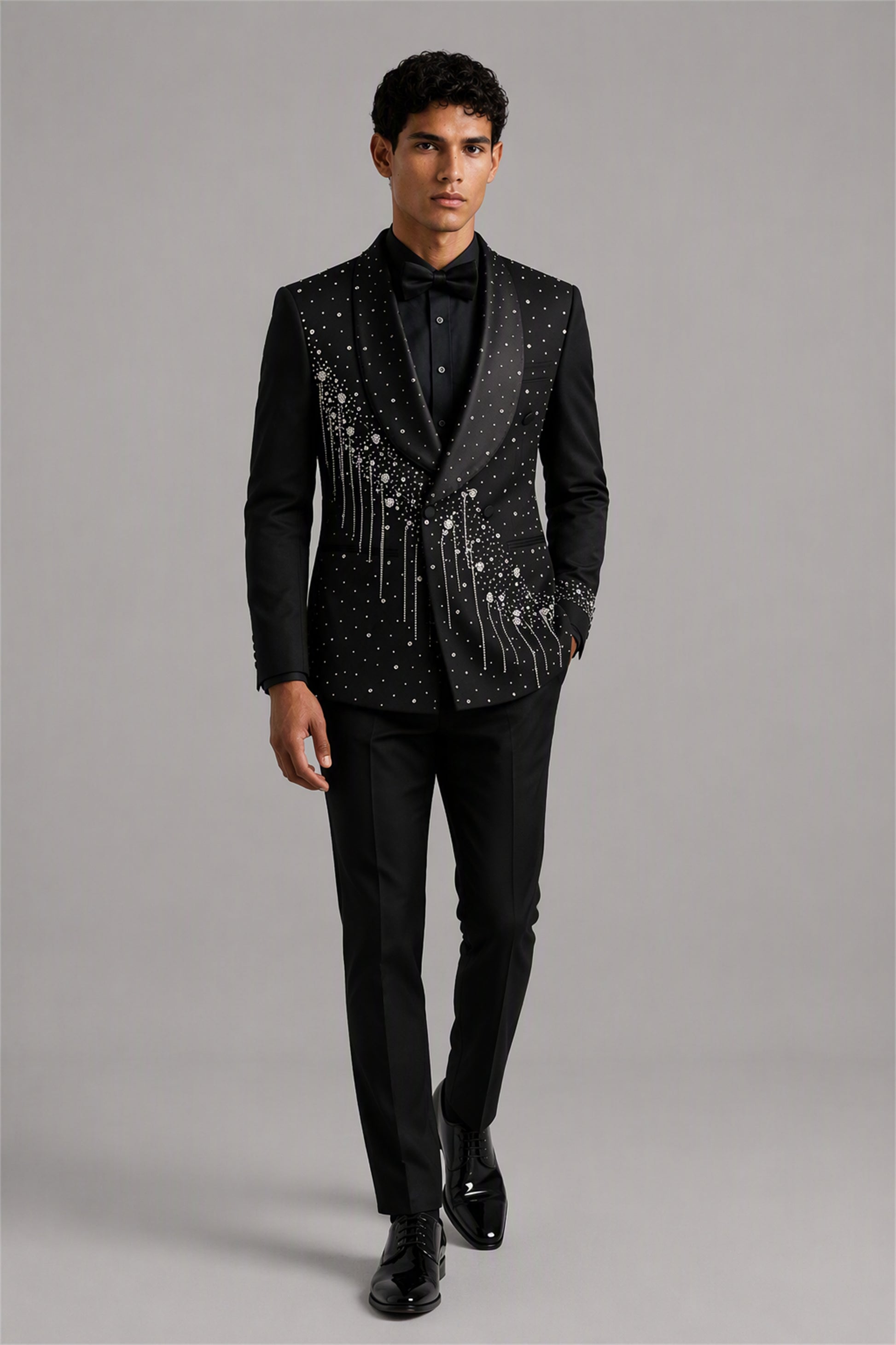 Savile GA0162 Men's Black Crystal Meteor Shower Tuxedo – Side Profile View with White Shirt & Black Patent Oxford Shoes