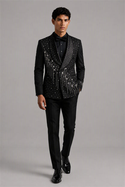 Savile GA0162 Men's Black Crystal Meteor Shower Tuxedo – Side Profile View with White Shirt & Black Patent Oxford Shoes