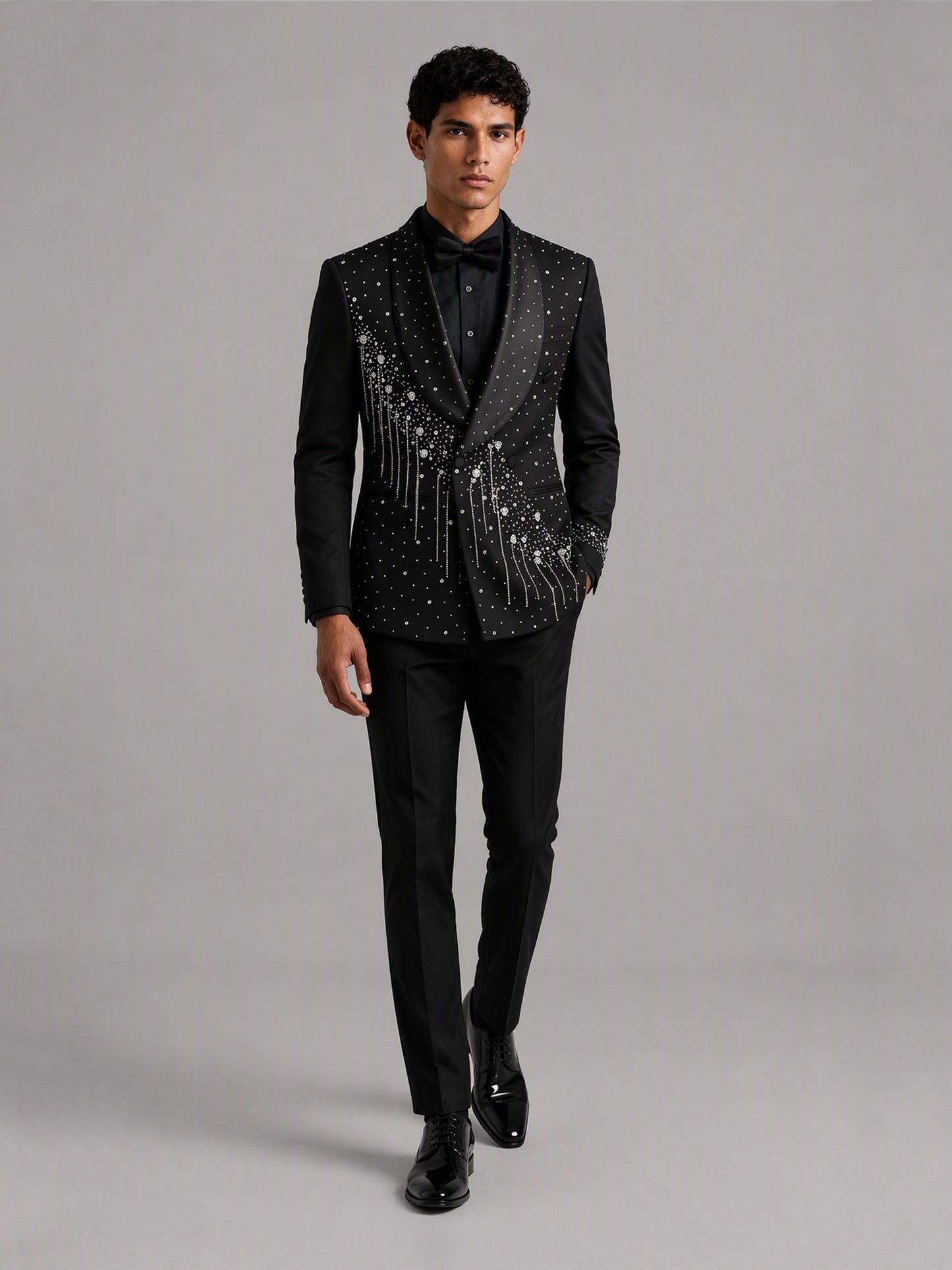 Savile GA0162 Men's Black Crystal Meteor Shower Tuxedo – Front Full Body View with All-Black Shirt Styling