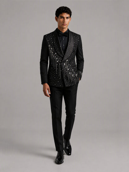 Savile GA0162 Men's Black Crystal Meteor Shower Tuxedo – Front Full Body View with All-Black Shirt Styling