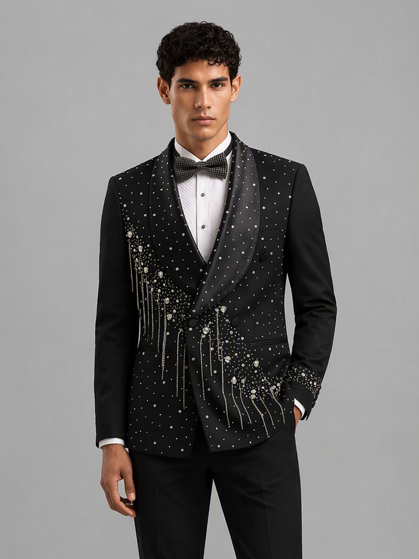 Savile GA0162 Men's Black Crystal Meteor Shower Tuxedo – Front Full Body View Walking Pose with All-Black Styling