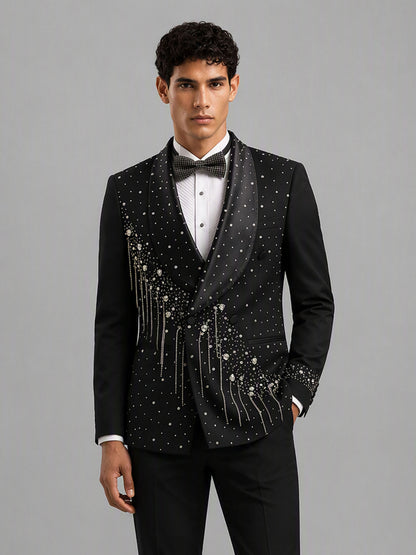 Savile GA0162 Men's Black Crystal Meteor Shower Tuxedo – Front Full Body View Walking Pose with All-Black Styling
