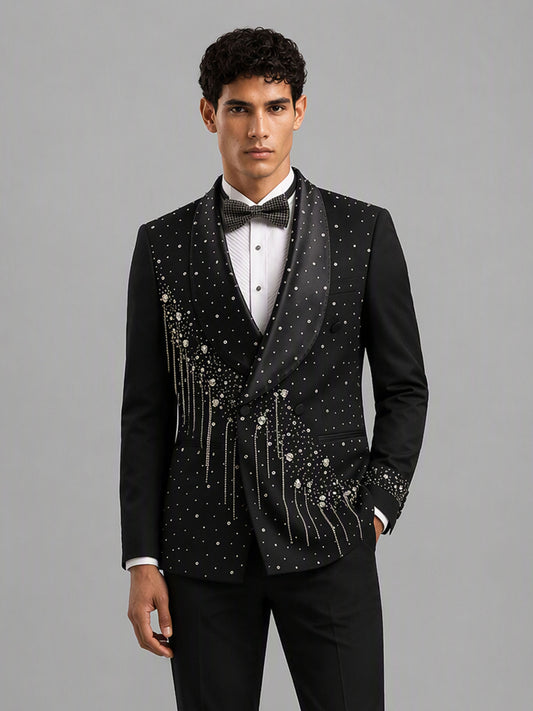 Savile GA0162 Men's Black Crystal Meteor Shower Tuxedo – Front Full Body View Walking Pose with All-Black Styling