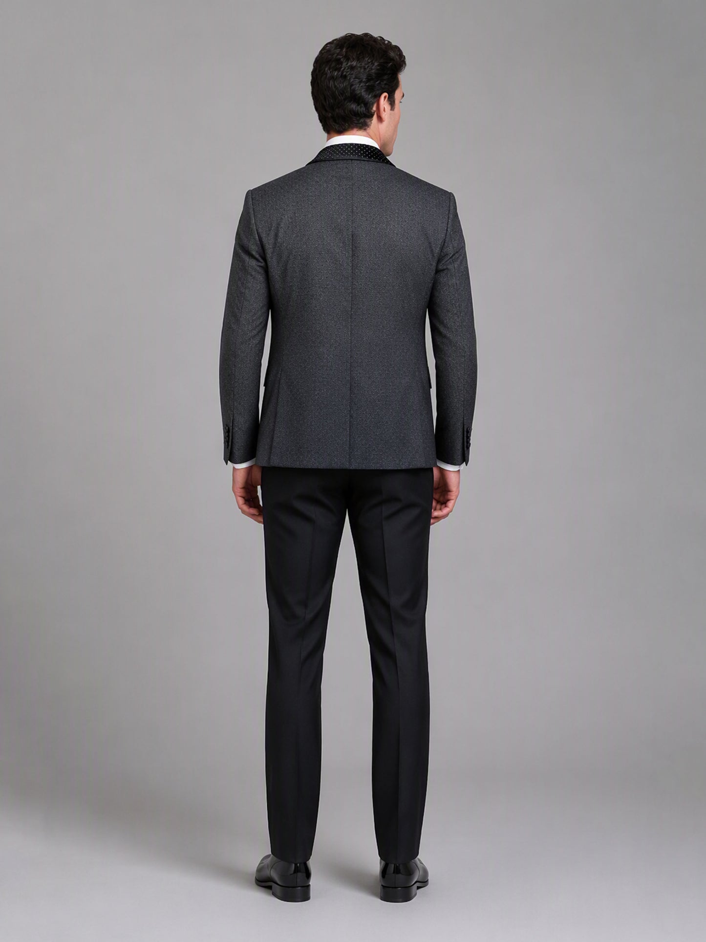 Savile GA0163 Men's Black Jacquard Crystal Shawl Lapel Tuxedo – Front Close-Up with Velvet Crystal Lapel, Vest & Bow Tie Detail