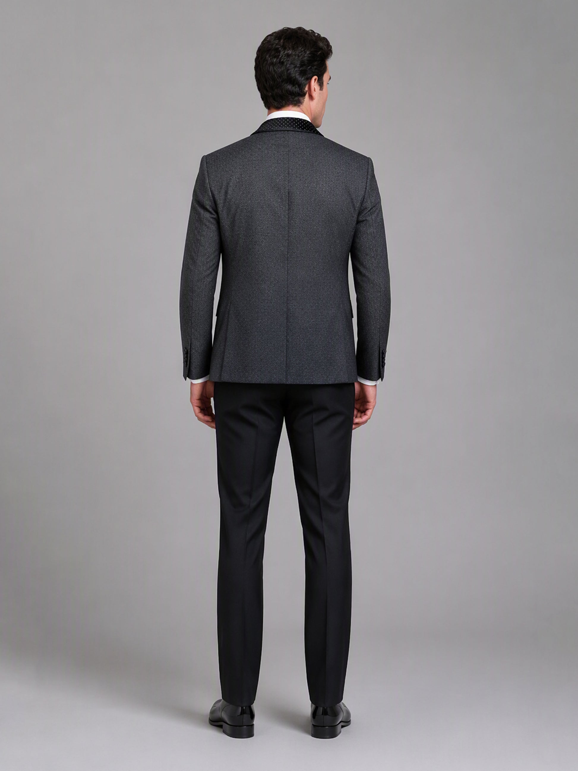 Savile GA0163 Men's Black Jacquard Crystal Shawl Lapel Tuxedo – Front Close-Up with Velvet Crystal Lapel, Vest & Bow Tie Detail