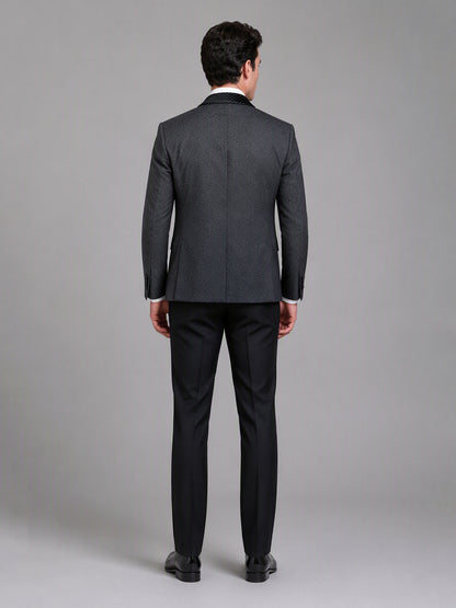 Savile GA0163 Men's Black Jacquard Crystal Shawl Lapel Tuxedo – Front Close-Up with Velvet Crystal Lapel, Vest & Bow Tie Detail