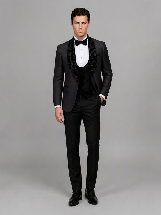 Savile GA0163 Men's Black Jacquard Crystal Shawl Lapel Tuxedo – Front Full Body View with Black Bow Tie & Black Oxford Shoes