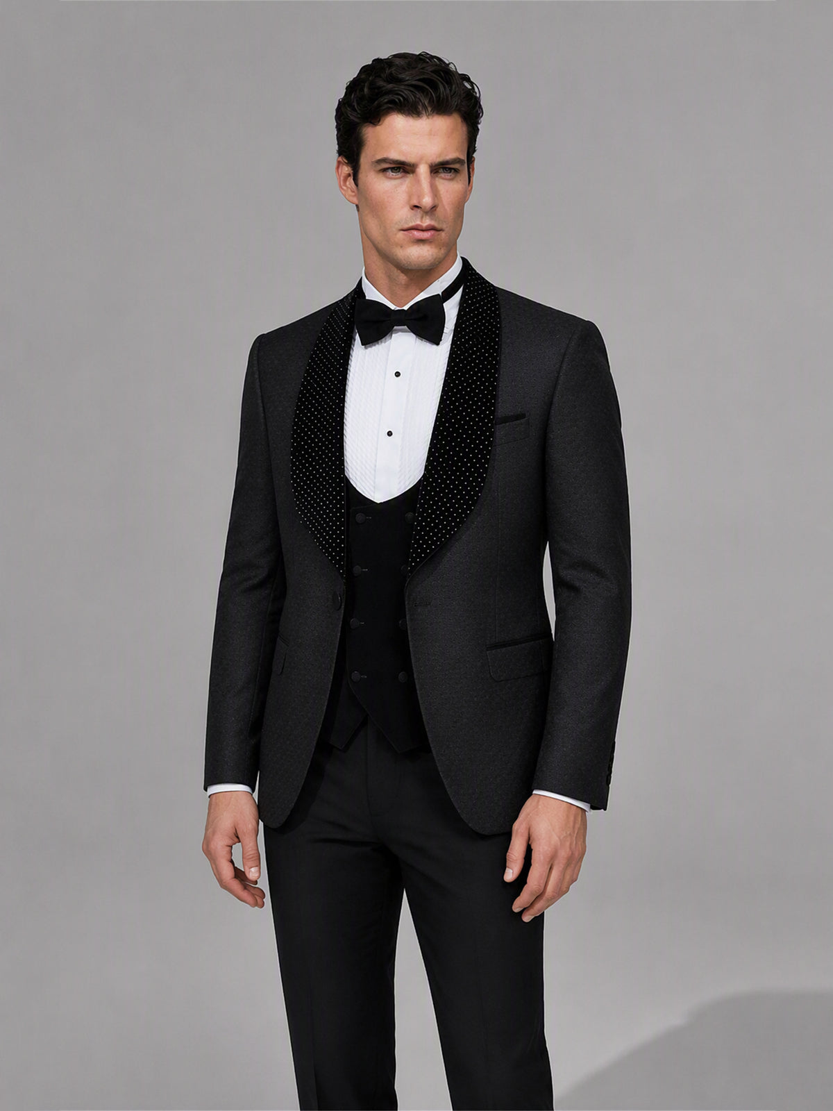 Savile GA0163 Men's Black Jacquard Crystal Shawl Lapel Tuxedo – Front Full Body View Showing Double-Breasted Crystal Vest