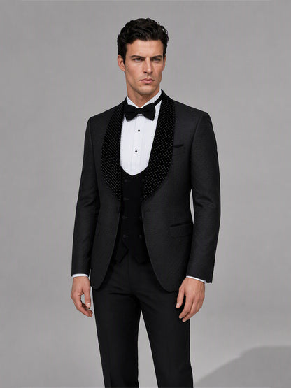 Savile GA0163 Men's Black Jacquard Crystal Shawl Lapel Tuxedo – Front Full Body View Showing Double-Breasted Crystal Vest