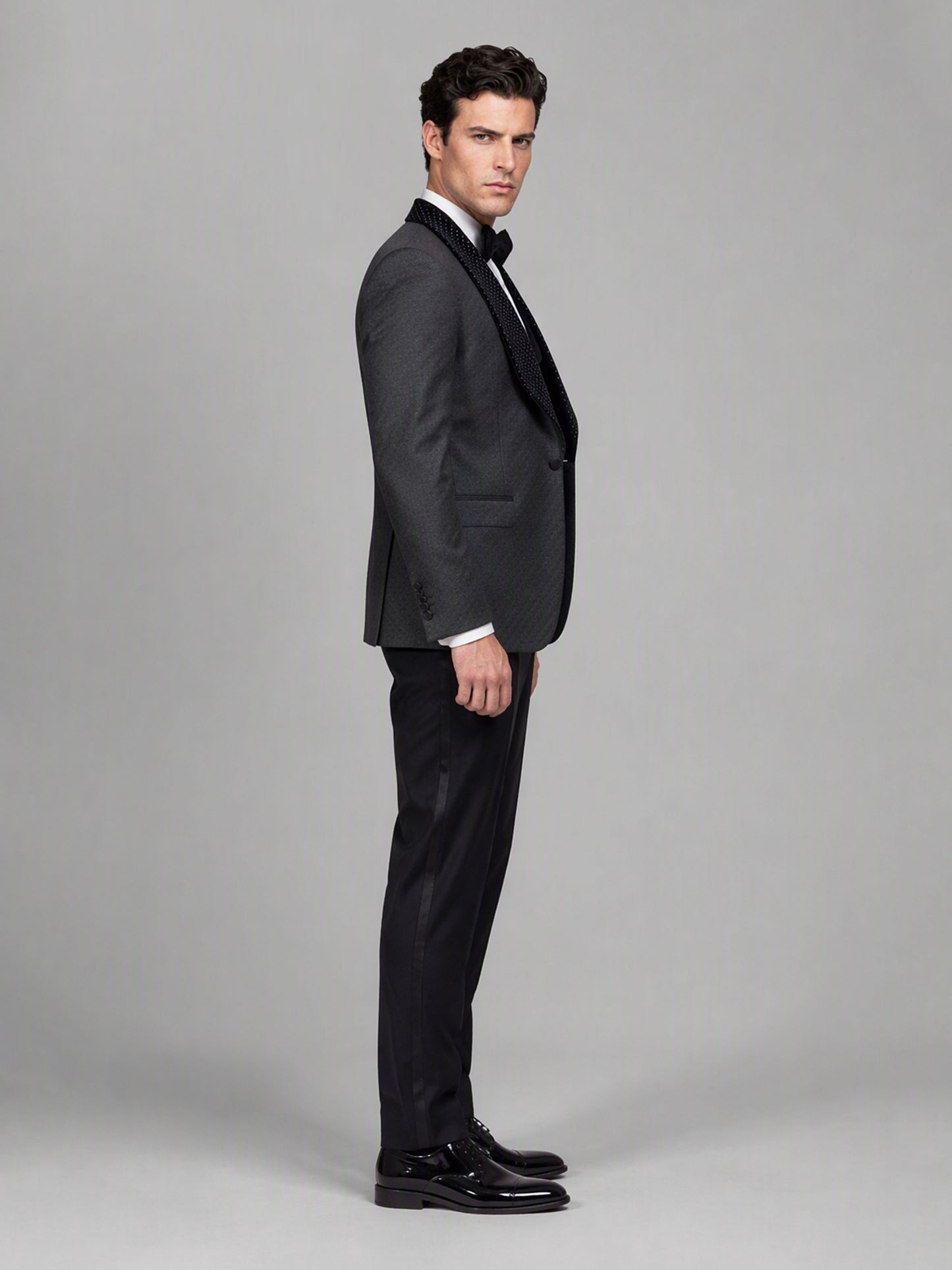 Savile GA0163 Men's Black Jacquard Crystal Shawl Lapel Tuxedo – Side Profile View with Black Patent Oxford Shoes